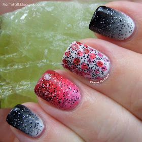 Gradiated mani in shades of black, grey, and white, and three different pinks, with a dotted gradient accent and black and white confetti glitter.