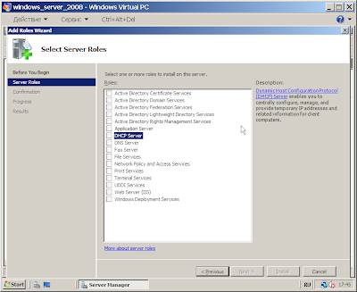Выбор устанавливаемой роли в Windows Server 2008