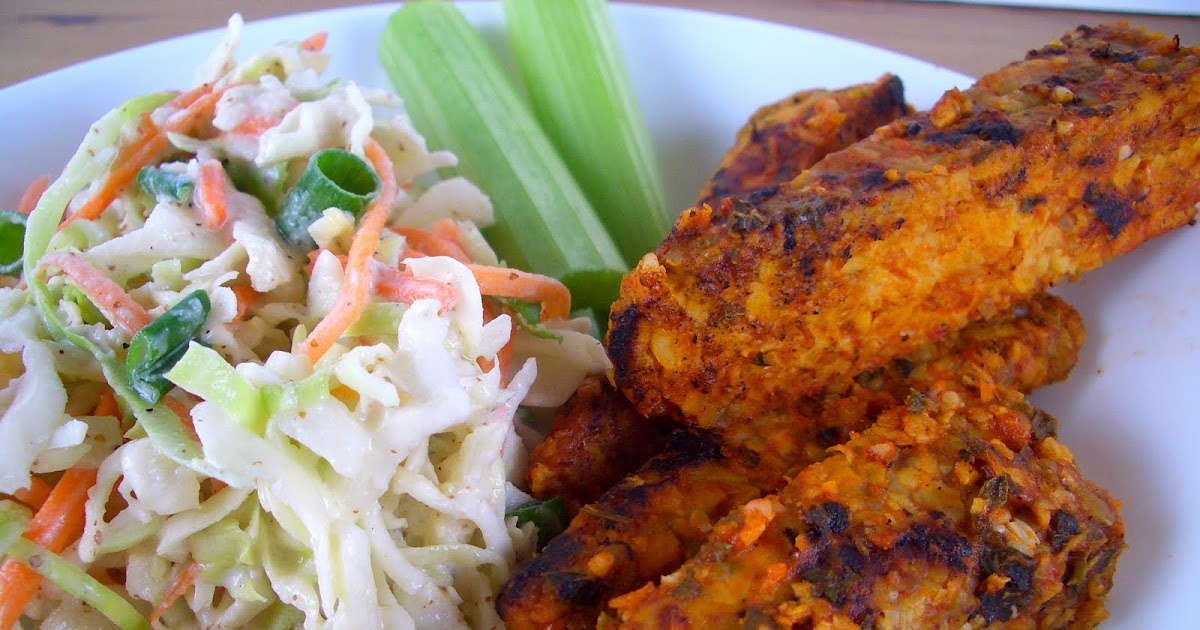 Invariably Vegan Buffalo Tempeh with Creamy Coleslaw