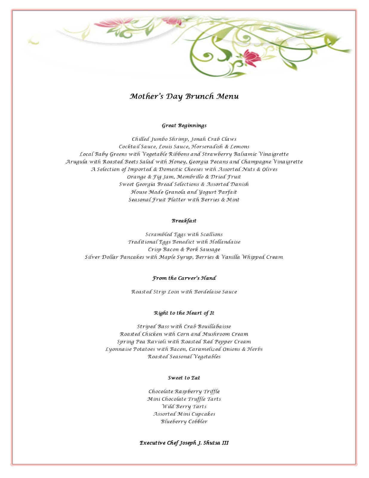 Good Livin', Good Lovin' & Good Eatin' Mother's Day Brunch Menu at