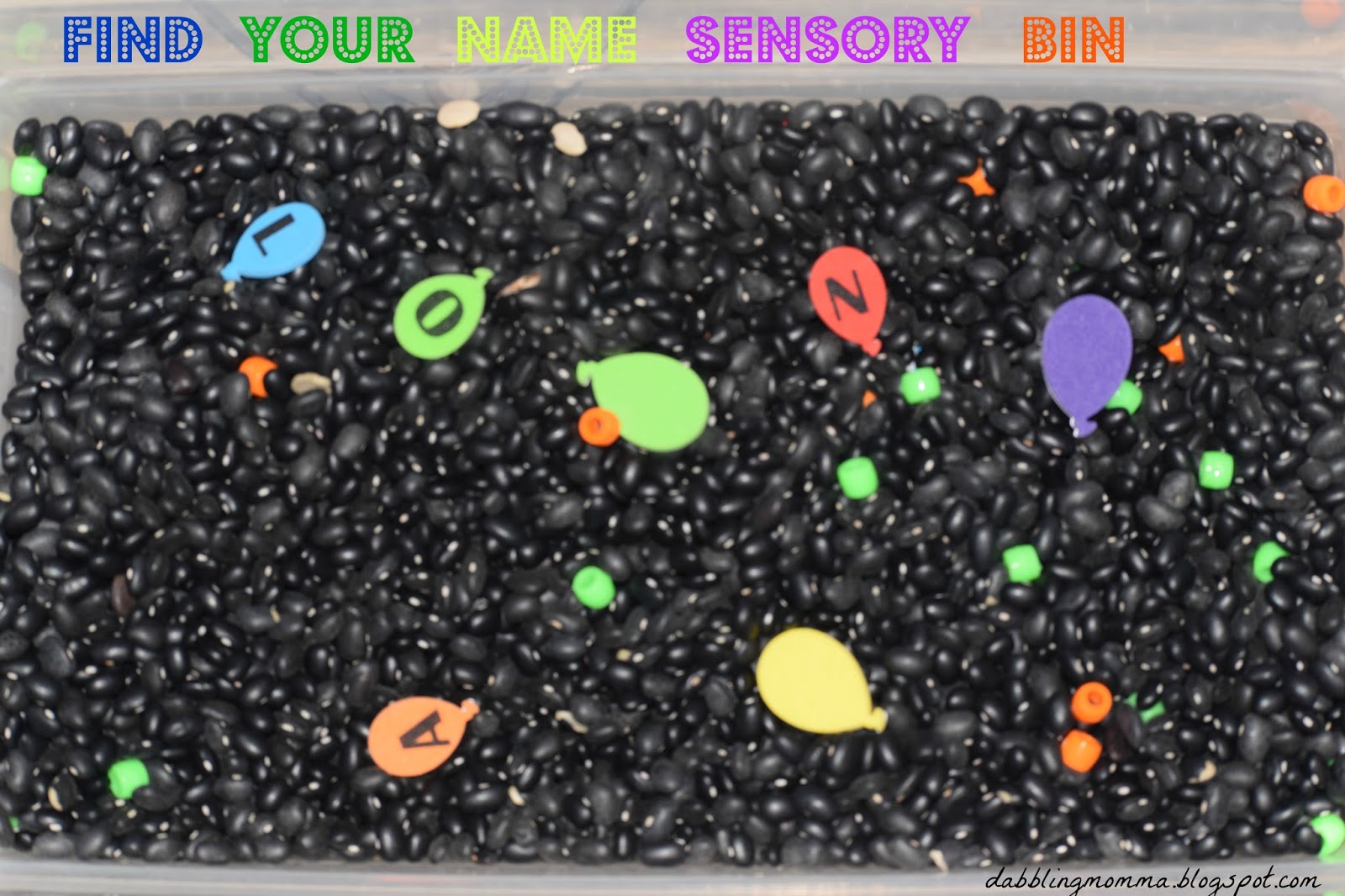 Dabblingmomma Find Your Name Black Bean Sensory Bin