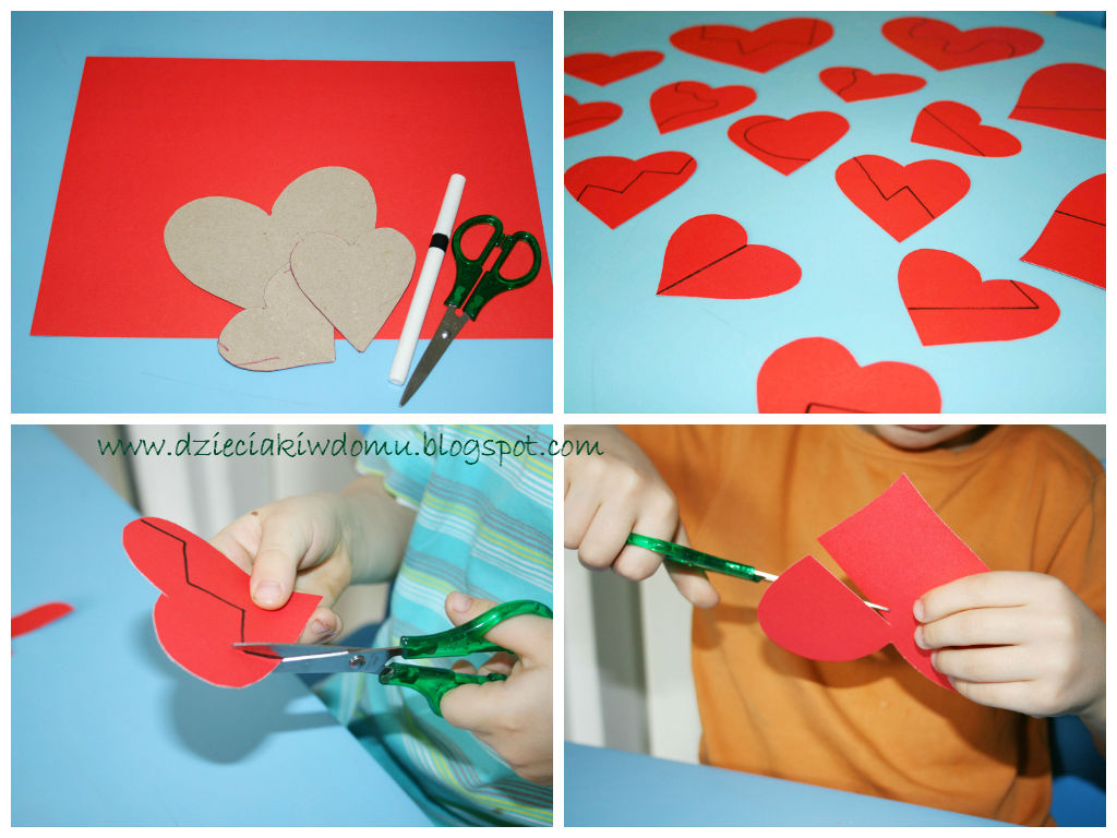 układanki dla dzieci na Walentynki, rozwój małej motoryki, wycinanie, układanie elementów od najmniejszego do największego