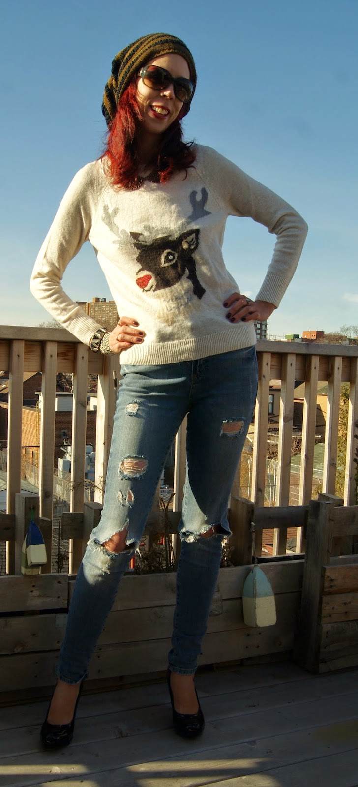 My Style!: H&M Reindeer Sweater, Noisy May Distressed Jeans from Hudson's Bay, Shop For Jayu Bracelet, holiday, fashion, winter, merry, outfit, OOTD, the purple scarf, melanieps, toronto, ontario, canada, necklace, pugs gear, toque