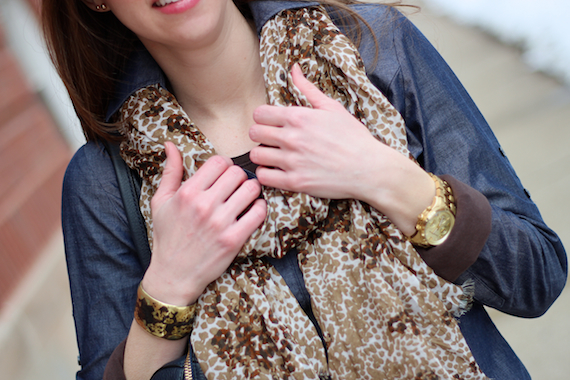 Leopard Scarf, Chambray, Gold Accessories | StyleSidebar