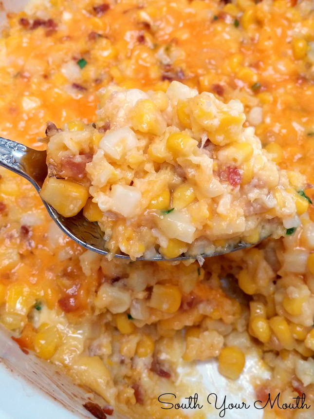 South Your Mouth Corn Casserole with Cheese & Bacon