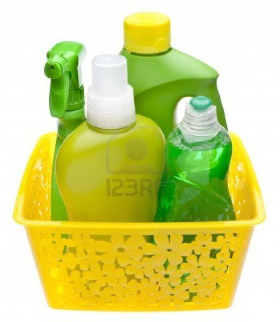 Environmentally-Friendly and Natural Household Cleaners in a square yellow basket