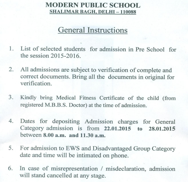 Modern Public School Shalimar Bagh Selected Students In Draw Of Lots For Admission 2015 16