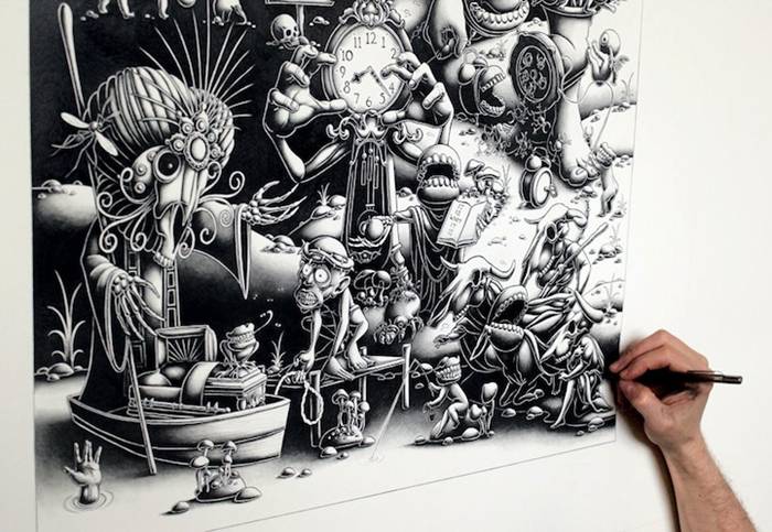 Joe Fenton continues to mesmerize us with his skilled hand and imaginative mind at work on the latest addition to his ongoing series titled The Landing. The artist has just recently completed the second and biggest panel of his large-scale triptych. The first two of his three-part drawings feature his signature monochromatic style in graphite on paper.