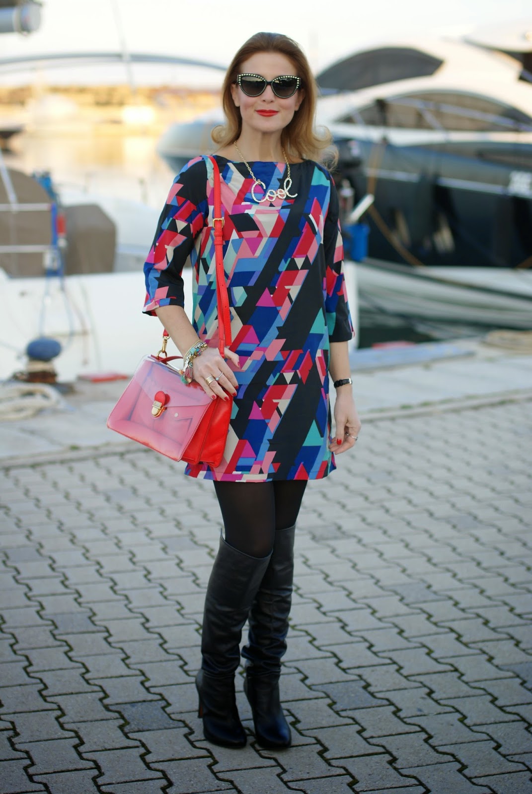 Paramita geometric print dress with over the knee boots, Marc by Marc Jacobs bag on Fashion and Cookies fashion blog