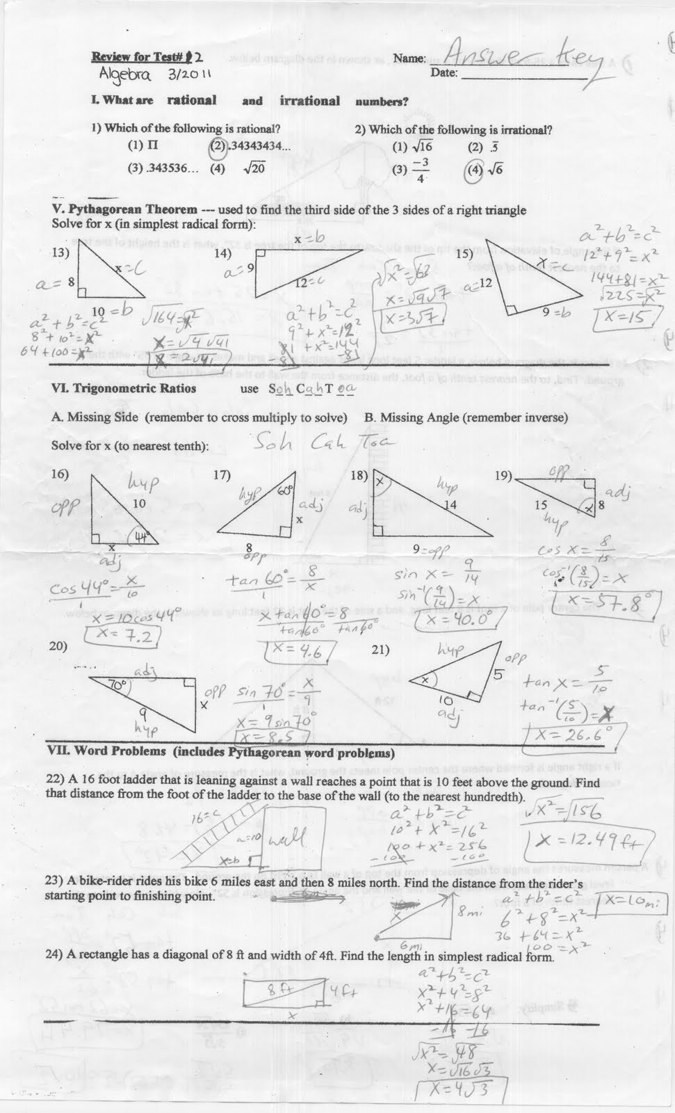 Unit 12 trigonometry homework 2 finding side and angle measures answer key picture