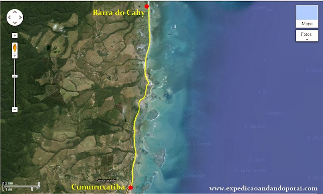Mapa da caminhada de Cumuruxatiba a Barra do Cay