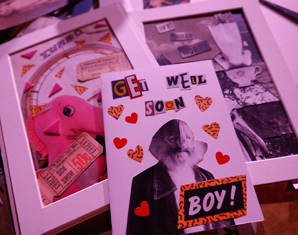 Collaging at the Edinburgh Etsy Craft Party Etsy Craft Party, Edinburgh, crafting, diy project, DIY fashion, watermelon print, Warehouse Leopard print coat, New Look jeans, Youth Rise Up skeleton shoes, Sugar and Vice, Sugar & Vice weather necklace, eye bag, googly eye, Scottish Fashion blogger, fashion blogger, blogging duo