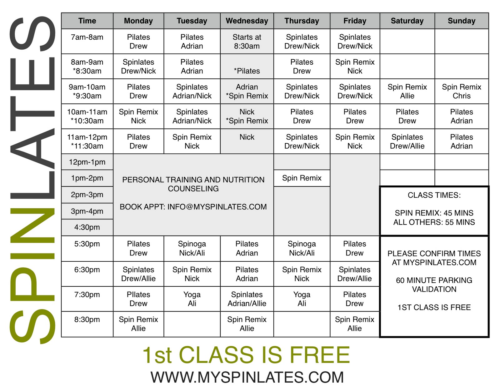 yoga class schedule template