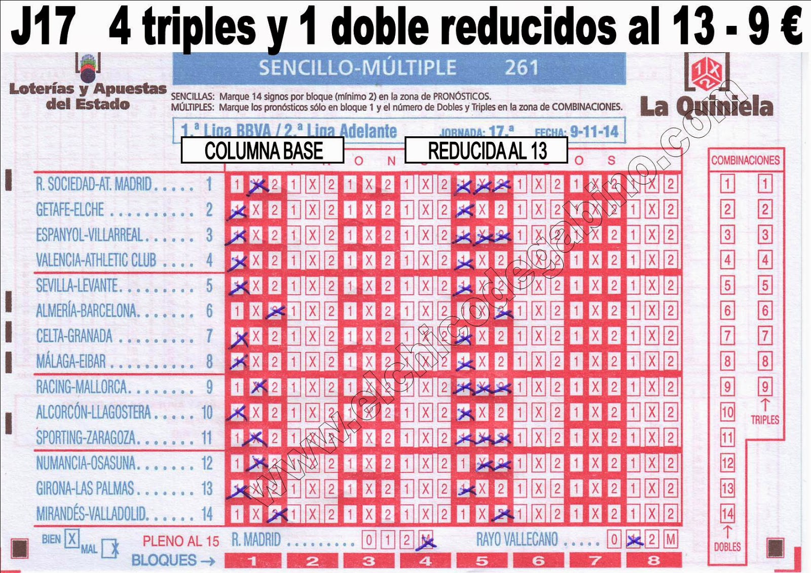 J17 Quiniela reducida y base de Quinigol El chico de Gabino