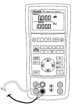Fluke 724 Temperature calibrator measures electrical parameters in lower display