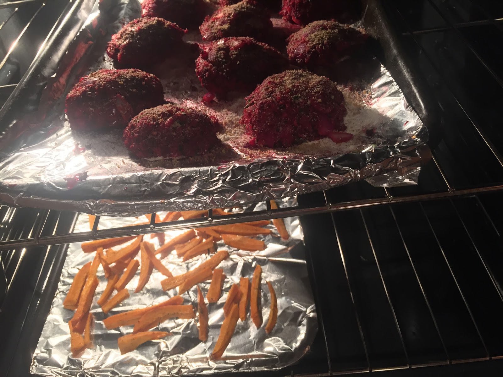 Beet & Quinoa Burger, Guac, and Sweet Potato Fries