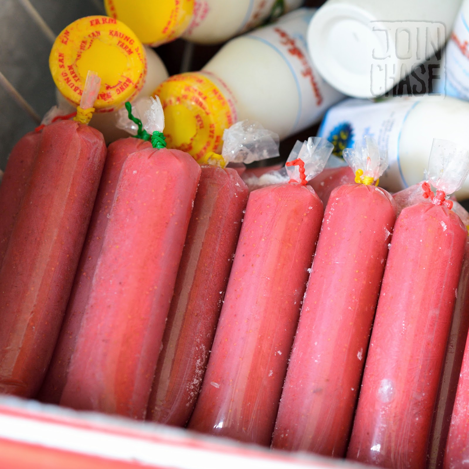 Frozen strawberry treats for sale in Pyin Oo Lwin, Myanmar. 