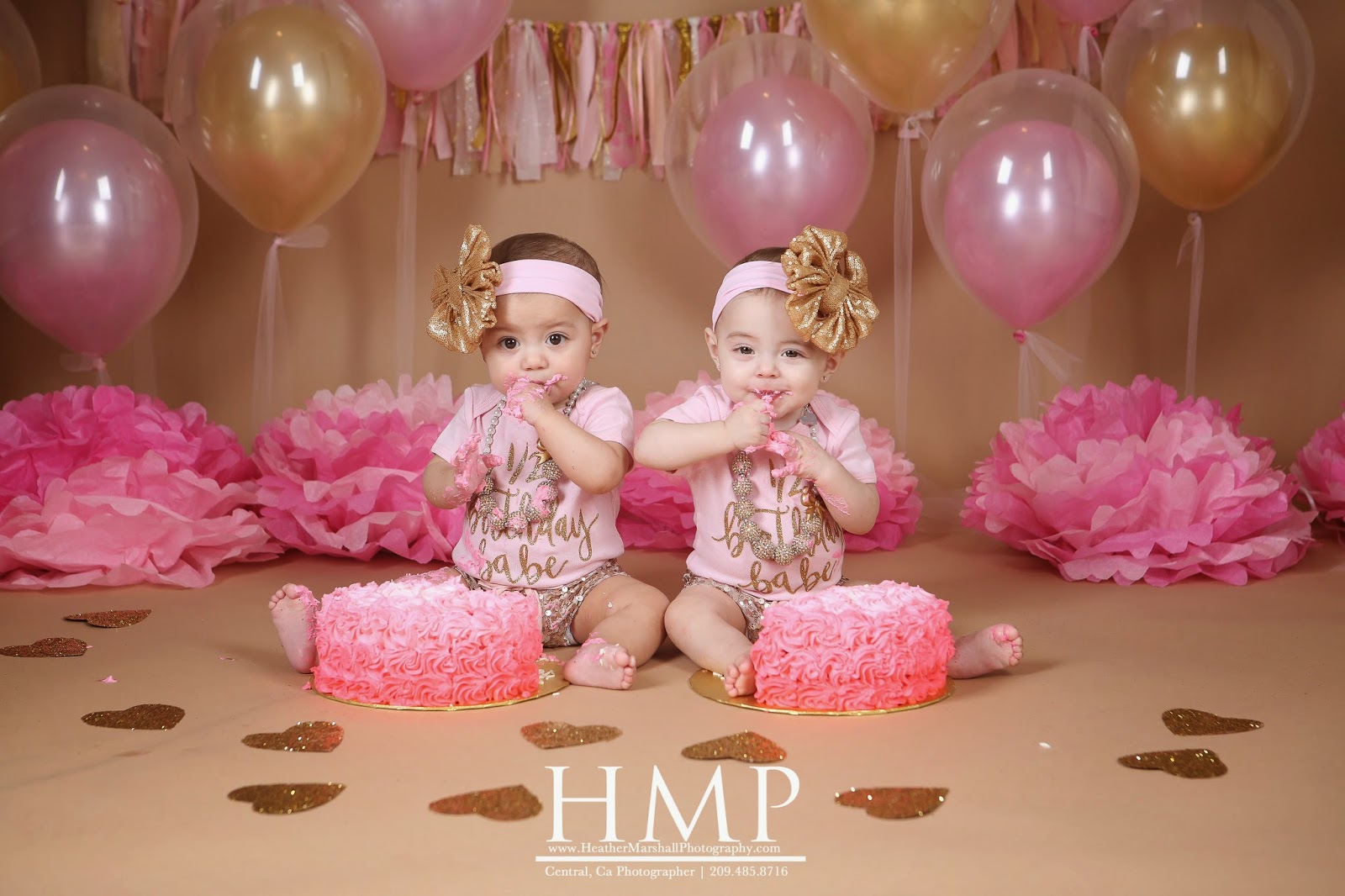 Heather Marshall Photography Turlock Photographer Pink + Gold Cake Smash Half Birthday Cake