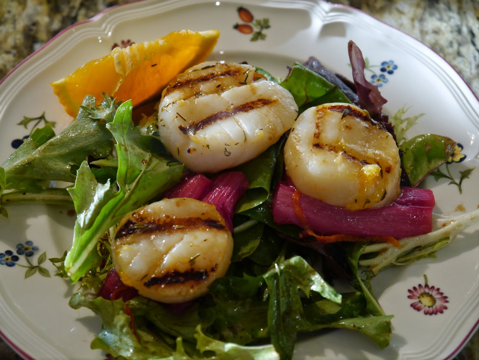 Gathering Around The Grill Grilled Scallops over Roasted Rhubarb