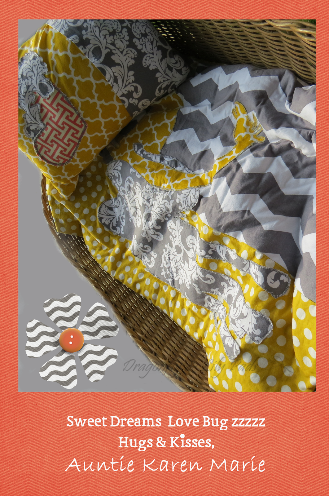 Antique  baby Basket net, Quilt, Travel Pillow, Fabric, Gray, White, Yellow, Coral, Polka dot, Chevron, Trellis, Swirl, Gray thread, Top stitch, Blanket Stitch, Flower, Button, Gray and White wavy, avy