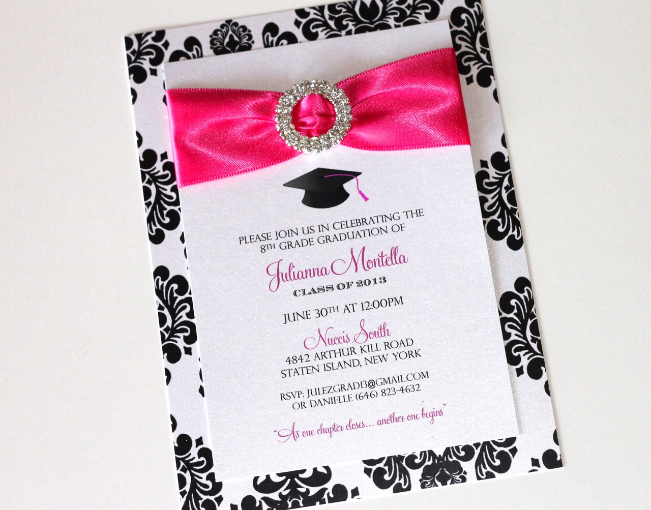 Embellished Paperie Glam Graduation Invitations Black and White Damask with Hot Pink