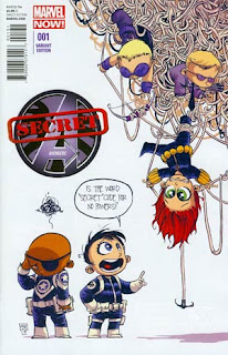 Comic book cover showing Secret Avengers as babies and baby Maria Hill asking if secret means no powers. 