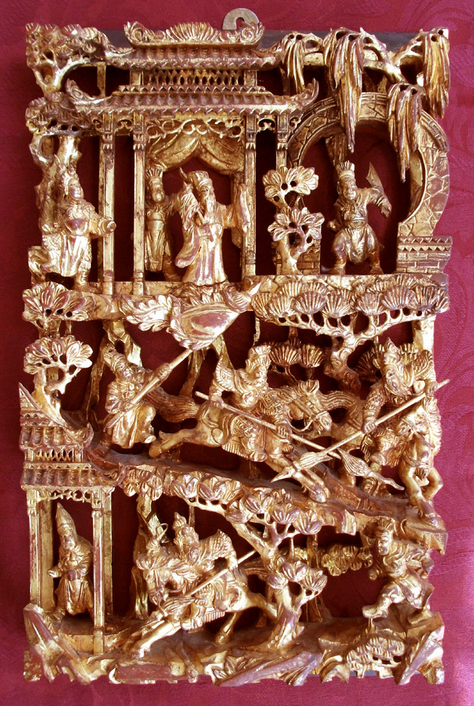 The Lothians A Pair of Chinese Chaozhou Gilt Wood Carved Panels