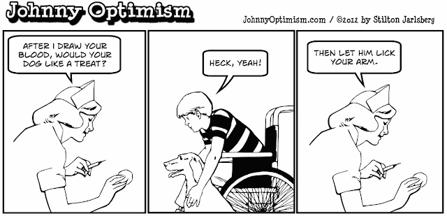 johnny optimism, johnnyoptimism, stilton jarlsberg, medical humor, sick jokes, wheelchair, nurse, shot, vaccination