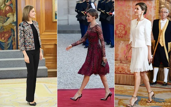 The outfits worn by Queen Letizia of Spain. Queen Letizia owns this style in many different colours and fabrics. Queen Letizia of Spain new style icon. Beethoven Earrings, Letizia S Closet, Royal Jewelry, Royal Style, Spanish Royals, Queen Letizia of Spain wearing dangly Earrings, Bracelets. diamond, necklaces. 