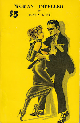 1950s paperback cover, man in suit hold woman in bondage dress