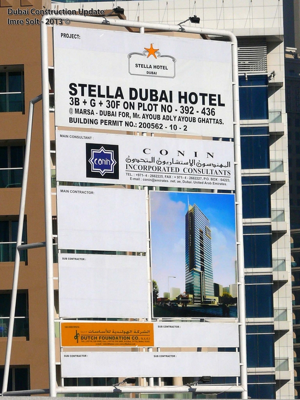 Dubai Constructions Update by Imre Solt Stella Hotel Dubai board and