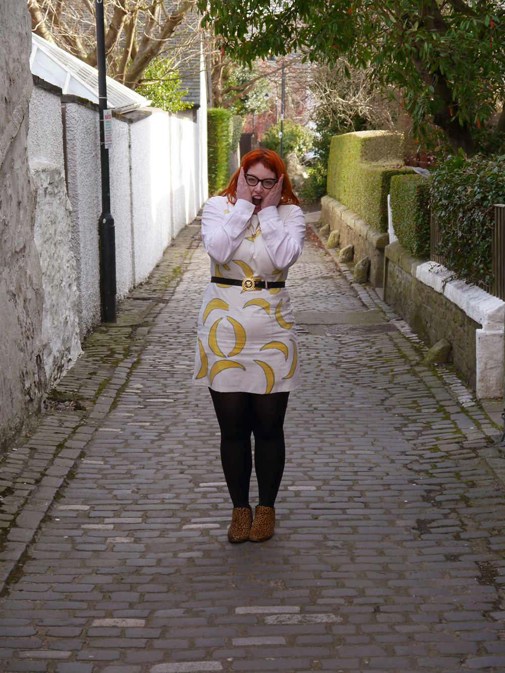 What Helen Wore, Scottish Blogger, Dundee, Dundee Blogger, Red Head, Ginger, Banana Dress, Claptrap Boutique, Duo Boots, Leopard Print Boots, Sludge Coat, Karen Mabon Seagull Necklace, Monki Shirt, Come Close Shirt, Scottish Style, Tiger Belt, Cat Eye Glasses