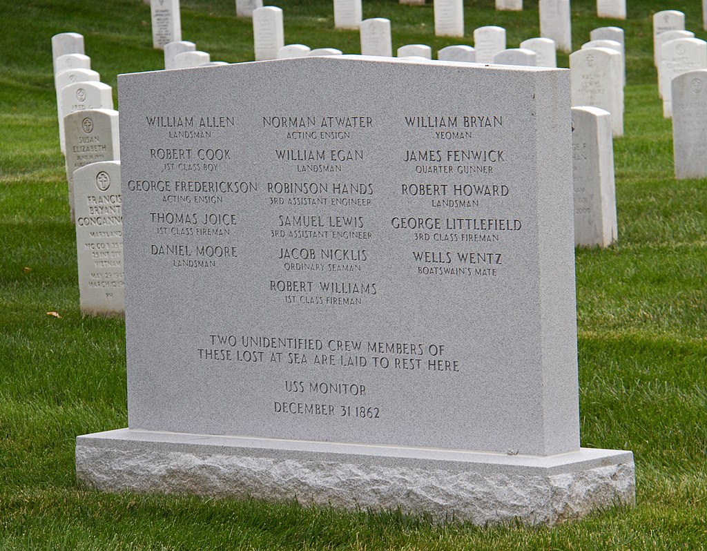 The USS Monitor Memorial at Arlington National Cemetery marks the grave of the two unknowns ~