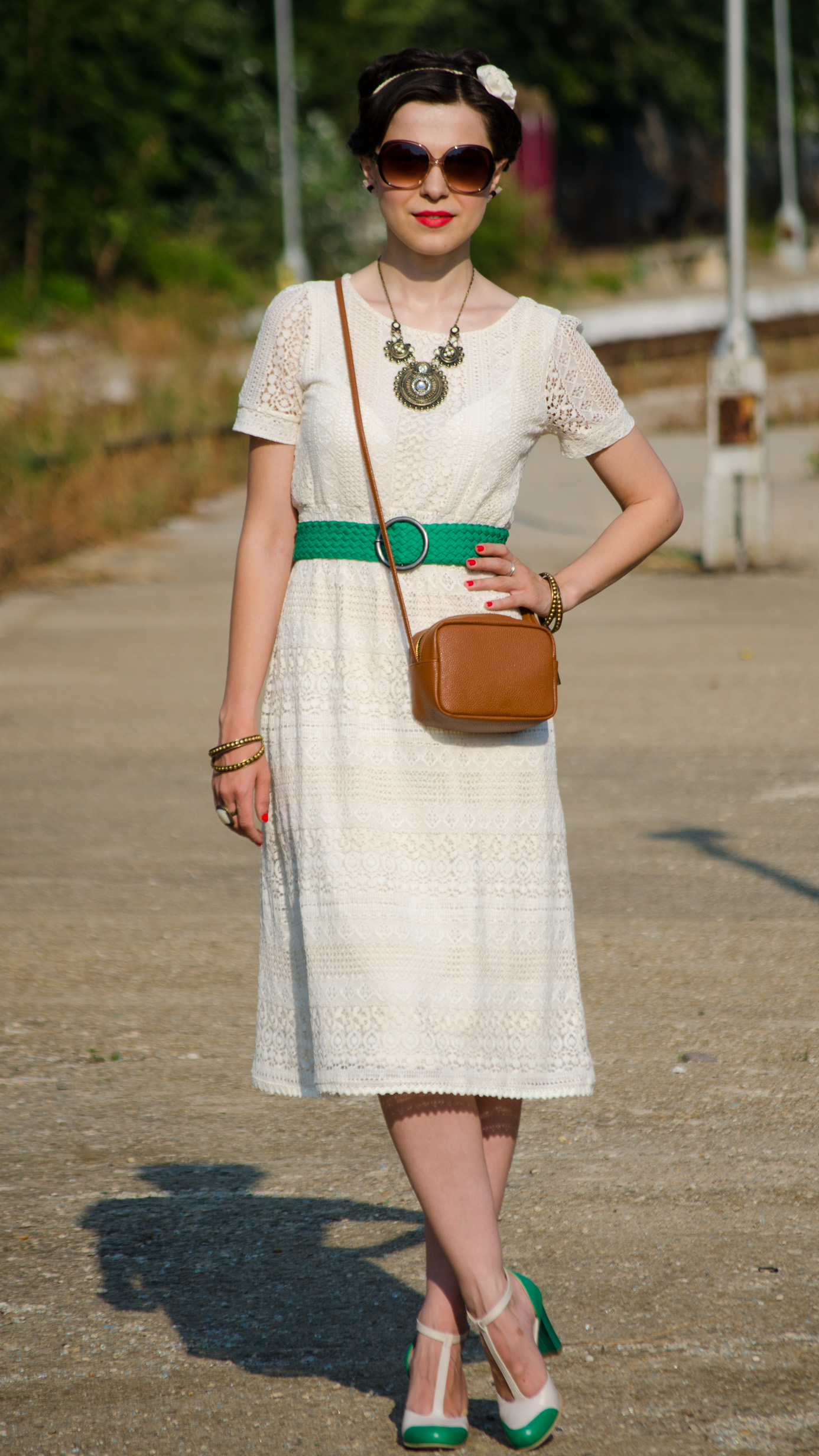 boho chic cotton lace dress koton green belt strap green nude shoes statement necklace h&m small brown satchel ivory