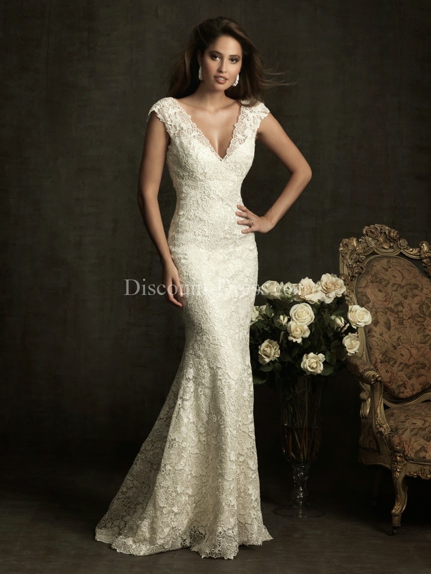 Lace Mermaid V-neck Natural Waist Floor Length Sweep/Brush Train #Wedding #Dress
