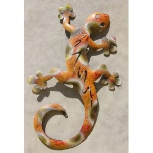 Gartendeko: Wanddeko Gecko Metall Wetterfest Echse Orange Grün