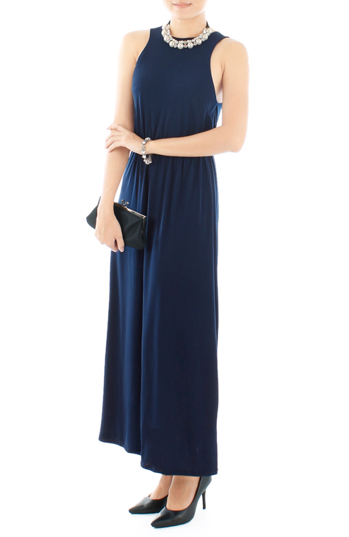 Oxford High Neck Maxi Dress in Midnight