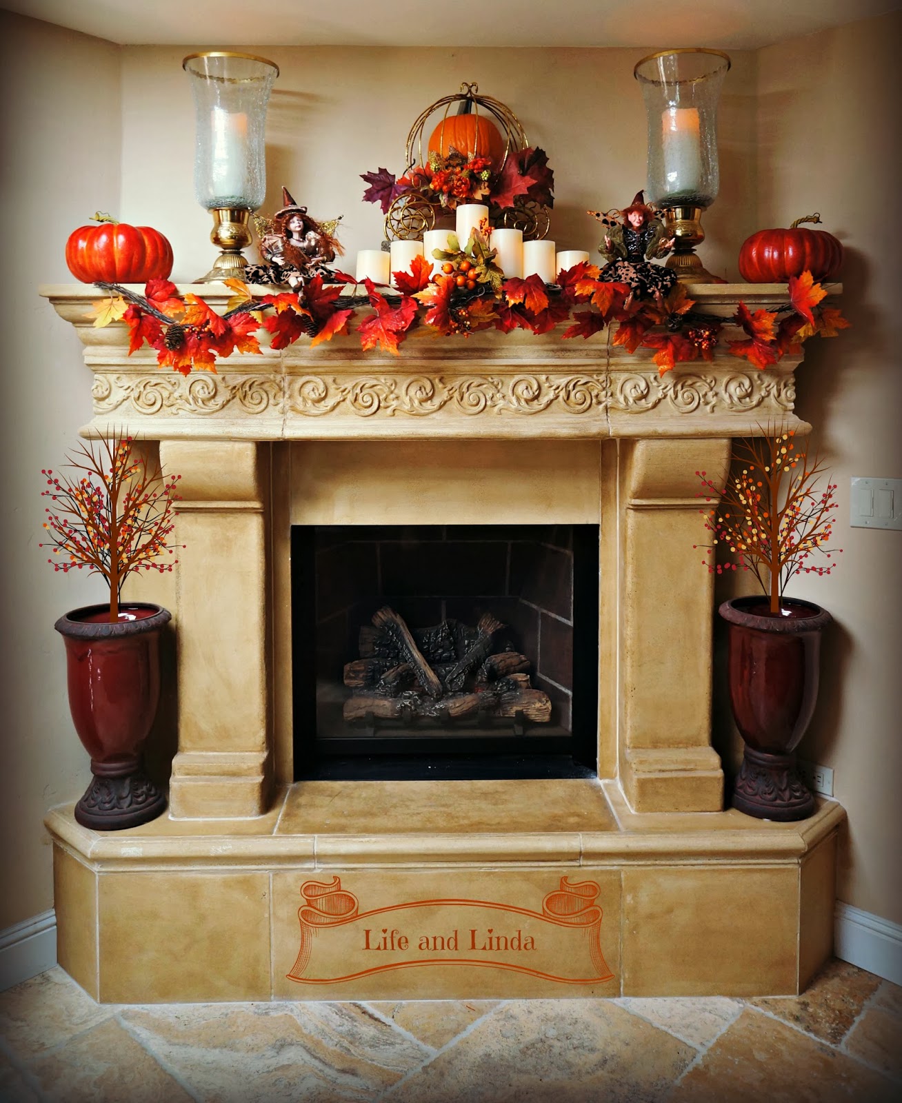 Harvest Mantel with Gold Pumpkin Carriage Life and Linda