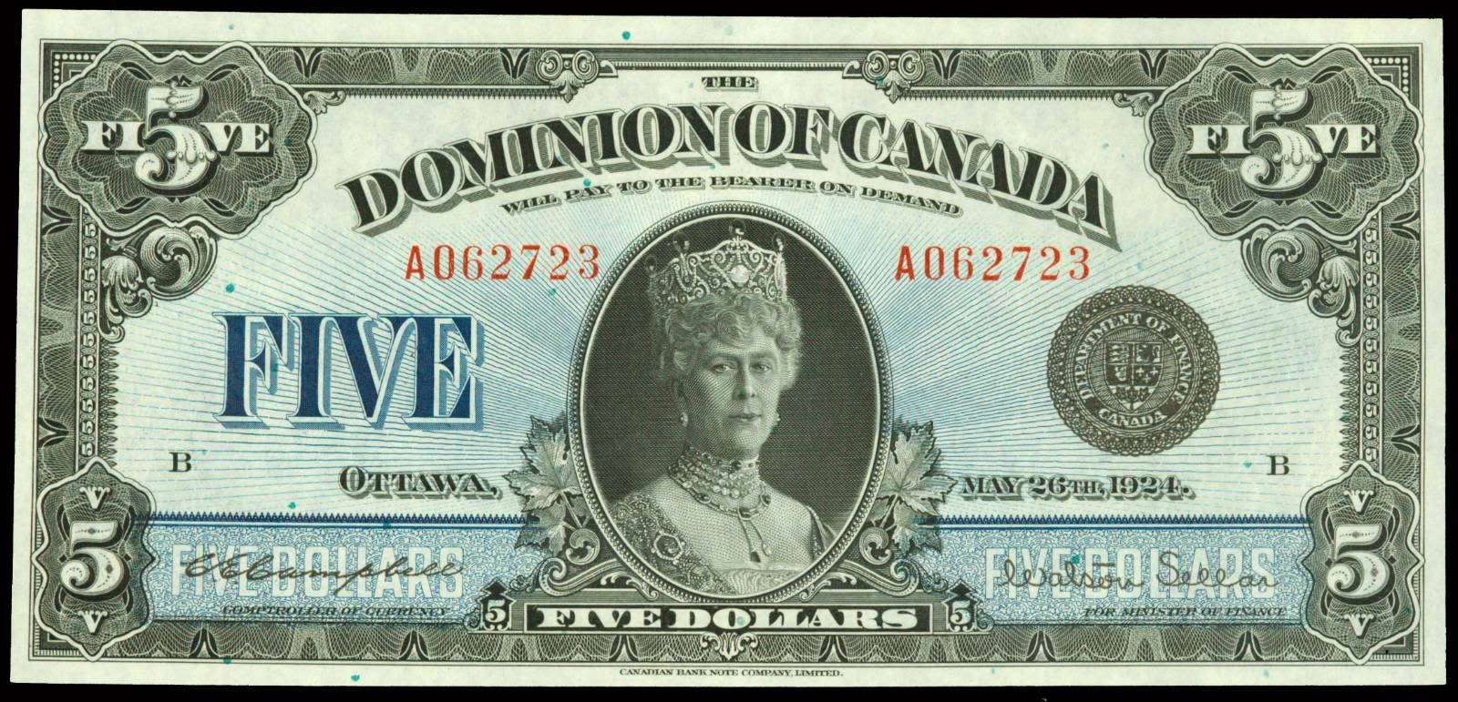 Dominion of Canada 5 Dollars banknote 1924 Queen MaryWorld Banknotes