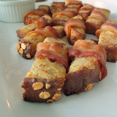 Bacon Wrapped French Toast:  Sweet french toast sticks wrapped in crunchy, salty bacon.  A great hand held breakfast.