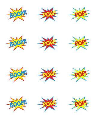 Need help with your superhero party theme? Here are some vintage inspired free printable perfect for any type of superhero themed event. photo of free printable for a superhero party theme that shows a sheet of all three BOOM, POP, POW printables