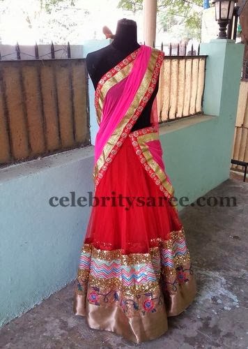 Red Shimmering Embroidery Half Sari