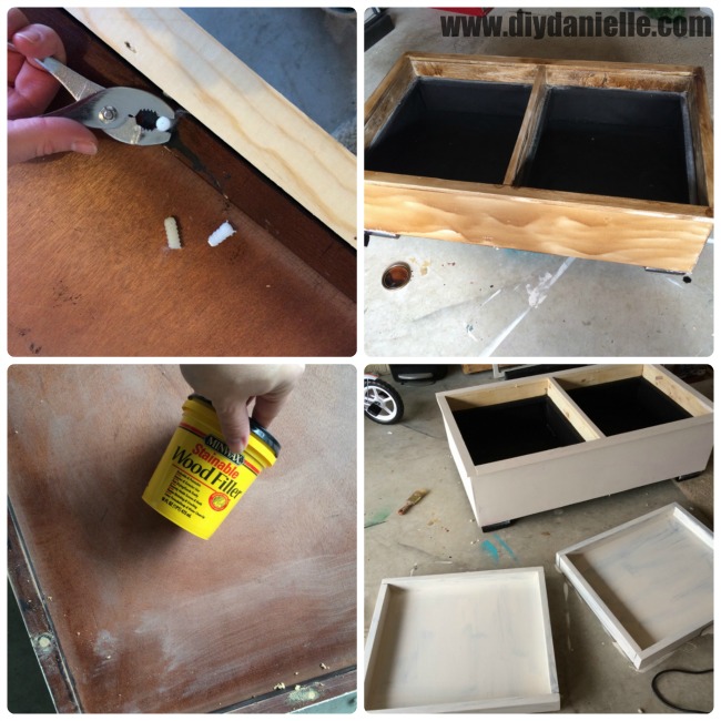 Filling holes, painting, and distressing the coffee table. Filling holes, painting, and distressing the coffee table.