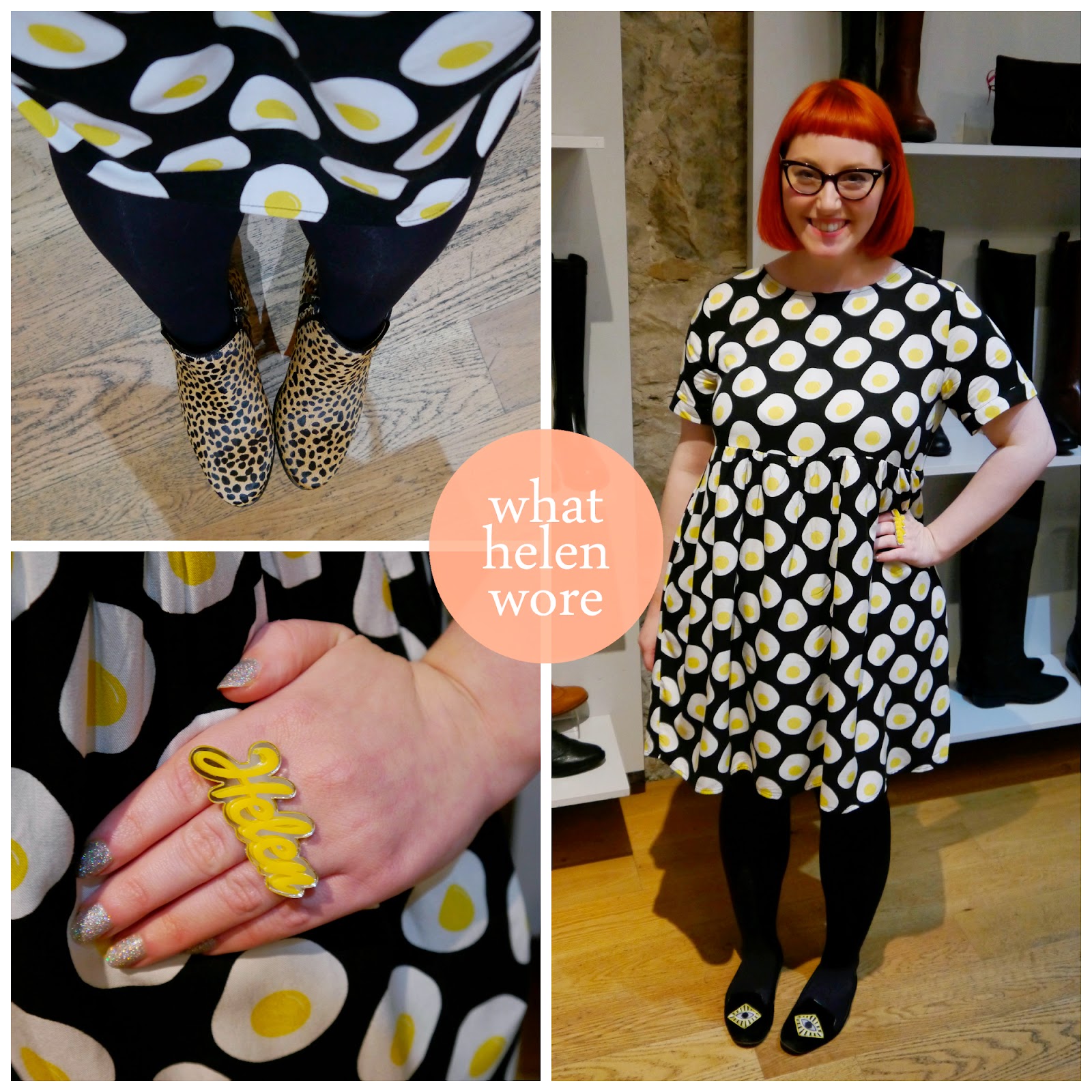 What Helen Wore Duo Blogger Event What Helen Wore, Edinburgh Bloggers, Scottish Fashion Blogger, The Whitepepper, Egg dress, egg print dress, Bonnie Bling, Bonnie Bling name ring, name ring, ankle boots, leopard print