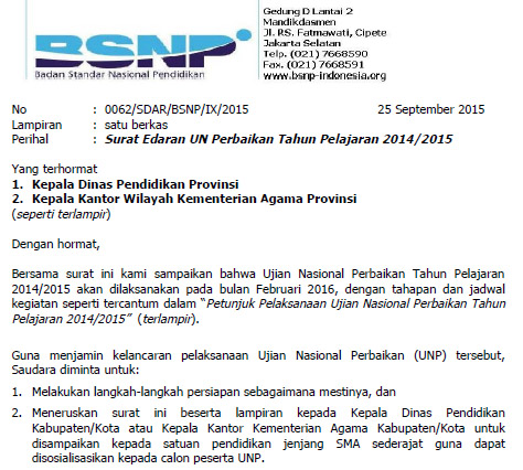 Surat Edaran BSNP tentang UNP (Ujian Nasional Perbaikan) TP. 2014/2015 bagi Siswa SMA/MA/ SMAK/SMTK, SMK/MAK, dan Program Paket C