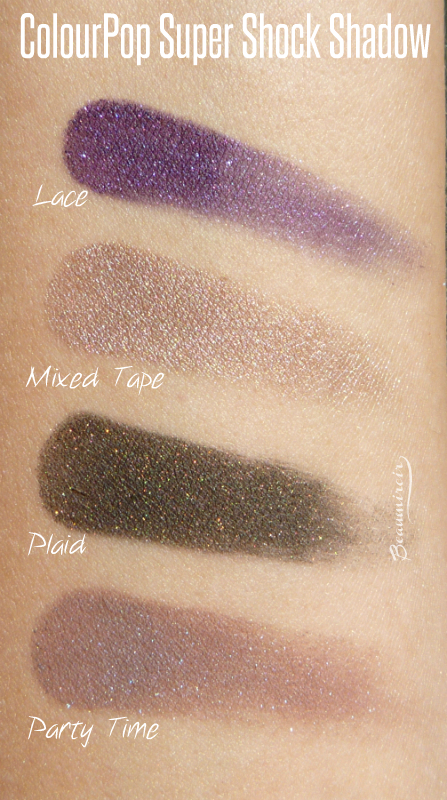 ColourPop makeup: swatches of Lace, Mixed Tape, Plaid, Party Time Super Shock Shadows