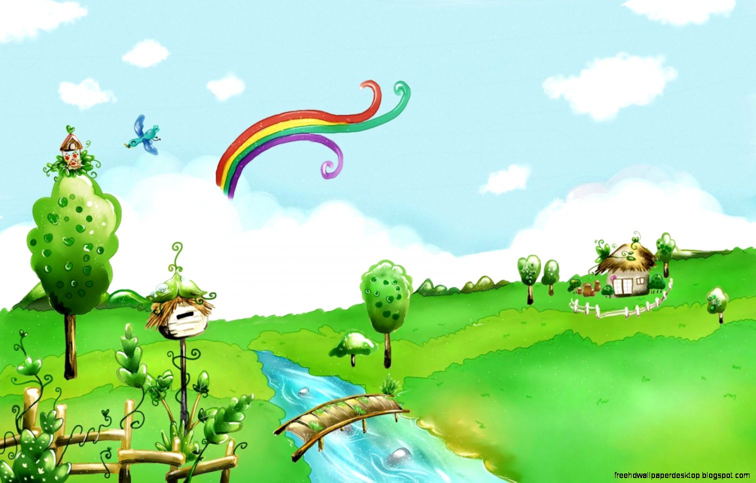 Rainbow River Bridge Houses Trees Clouds Fantasy HD Wallpaper Rainbow River Bridge Houses Trees Clouds Fantasy HD Wallpaper