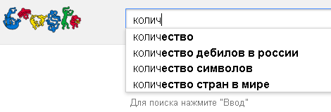 Советы Google: количество, количество дебилов в россии, количество символов, количество стран в мире.