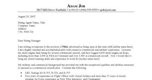 Airline pilot cover letter samples