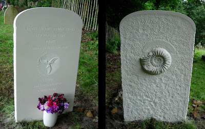 Portland limestone headstone with an ammonite on the textured back